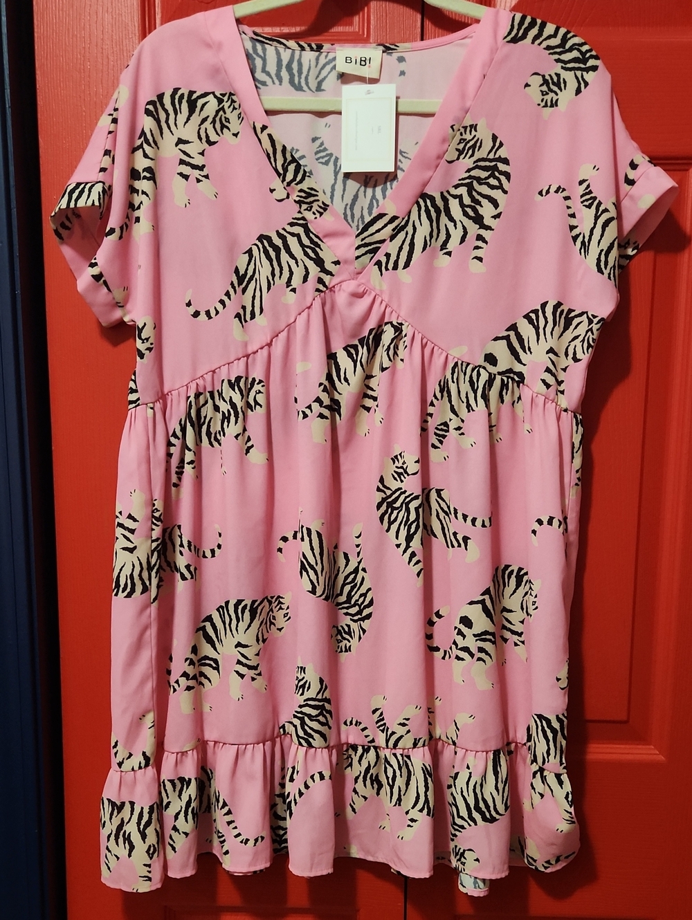 Sz M BiBi Pink Tiger Print V-Neck Babydoll Tunic